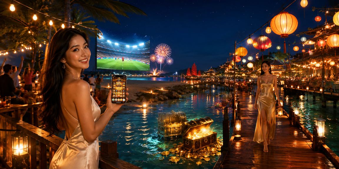 Cảnh chợ đêm Phú Quốc sôi động với người dùng truy cập casino trực tuyến trên điện thoại
